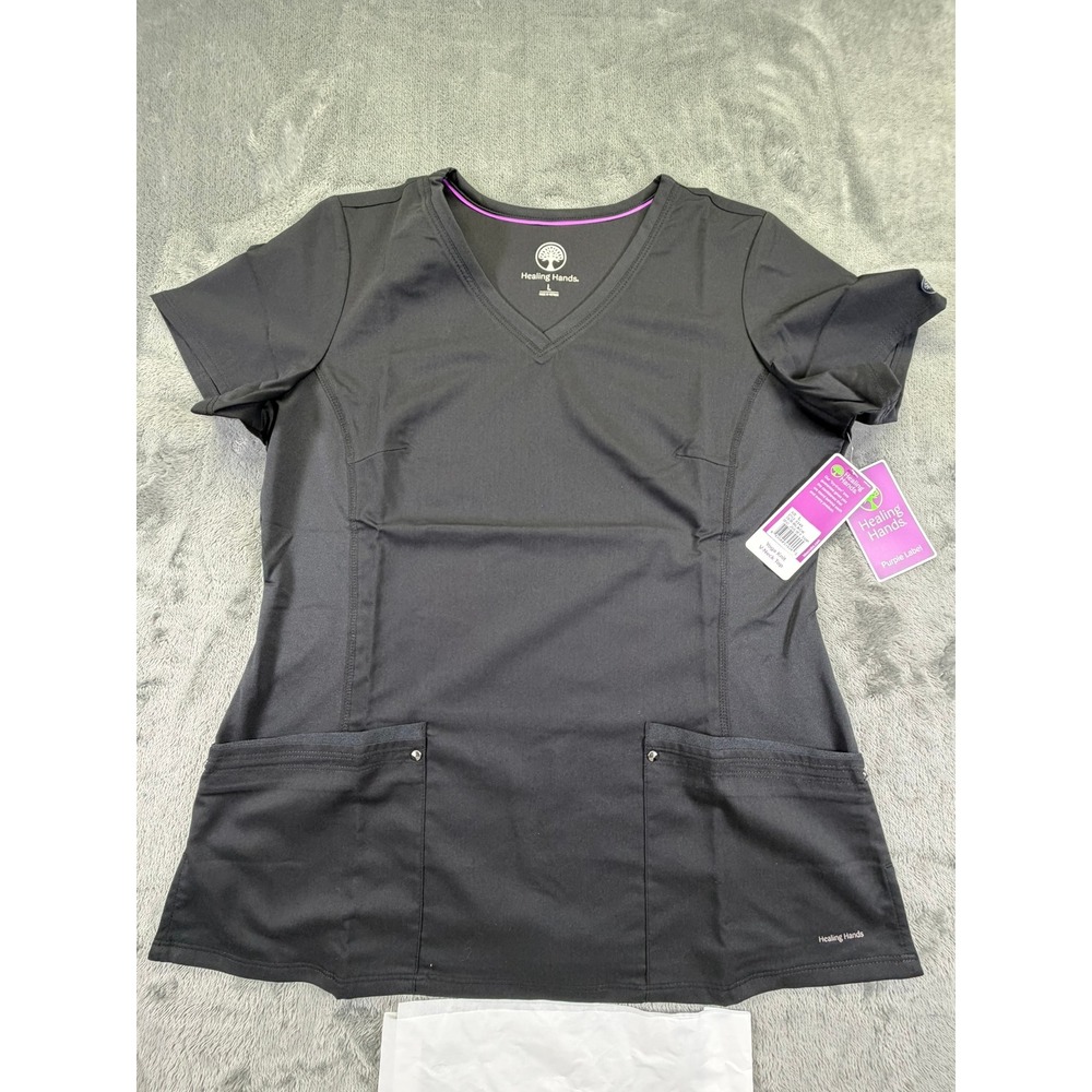 Healing Hands Juliet Yoga Knit V-Neck Scrub Top Black 2245 Purple Lbl Large NEW
